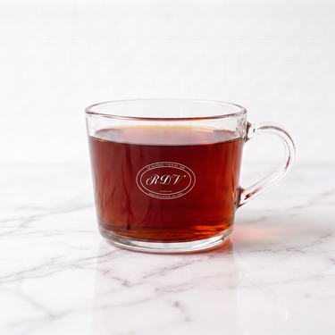 Bourbon Vanilla Rooibos Tea side view in a branded RDV glass cup